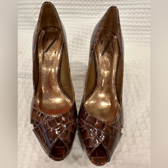 Sergio Zelcer Brown Alligator Peep Toe 4” Platform Heels~Woven Bottoms~Handmade - Picture 2 of 16